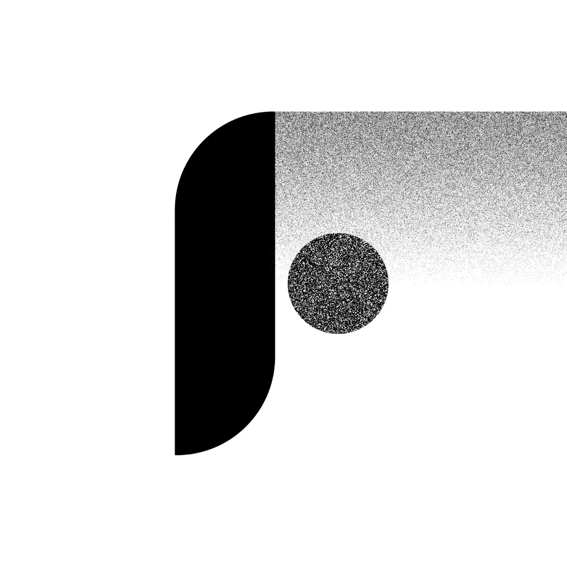 The letter 'f' made out of simple shapes and gradients of grainy black and white