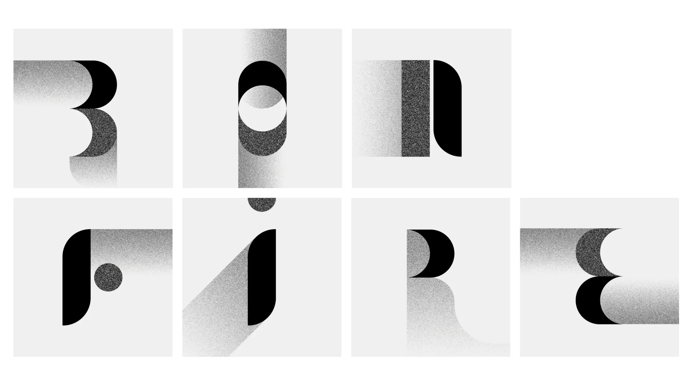 Simple shapes and gradients of grainy black and white that spell out each letter of "bonfire"