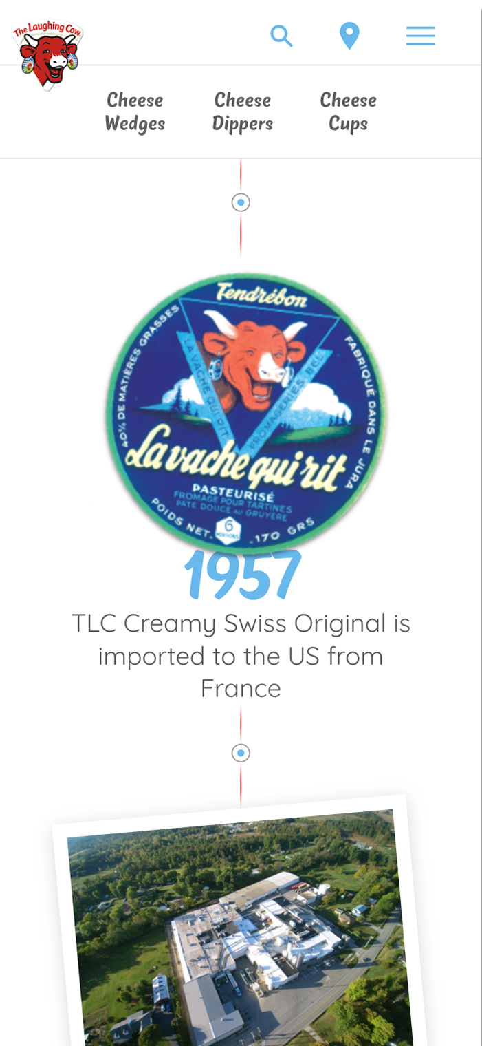 Laughing Cow history, highlighting the first import of the cheese from France in 1957