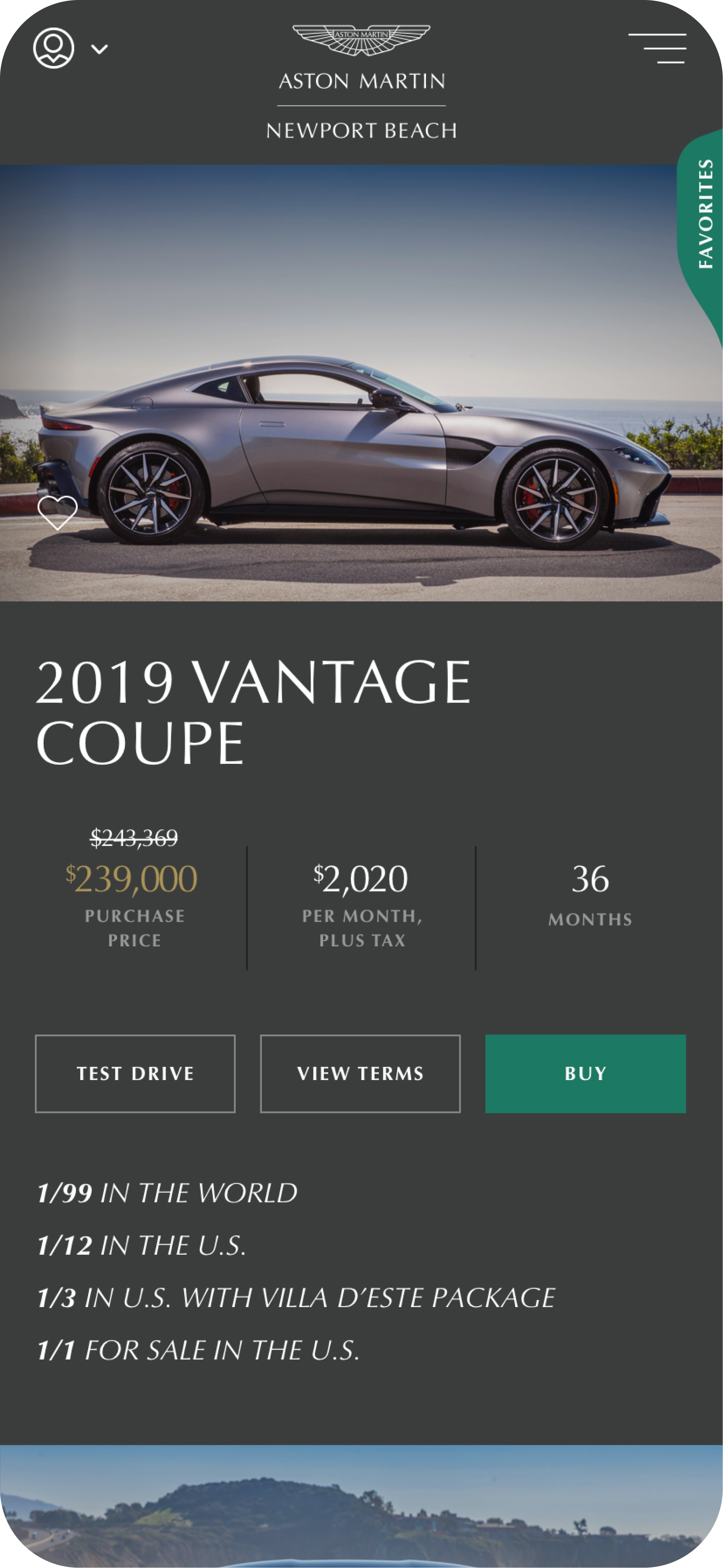 product detail page for a 2019 Vantage Coupe