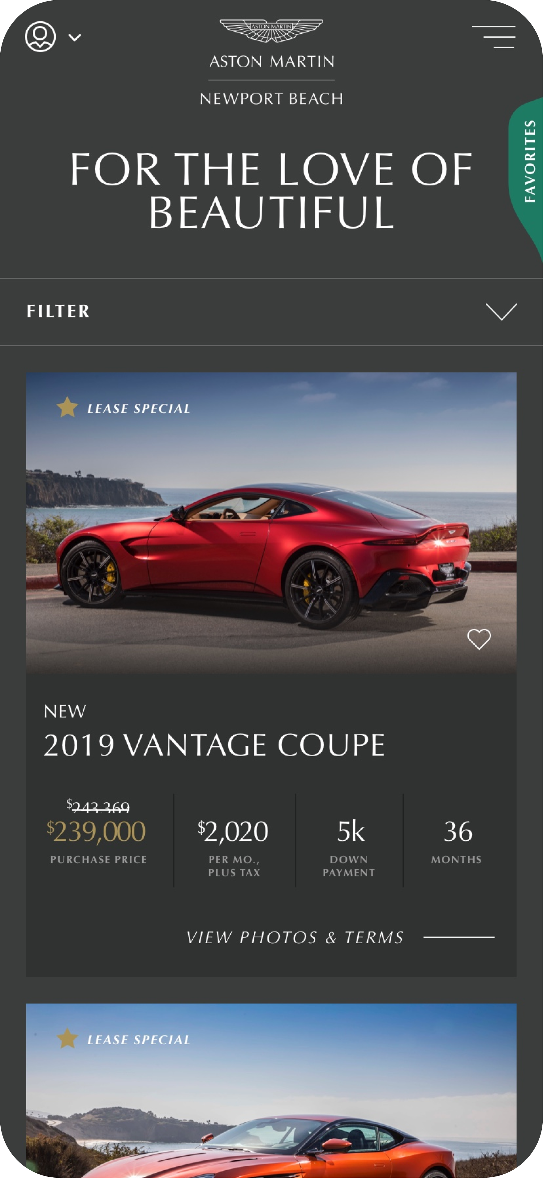 stream of available cars with the 2019 Vantage Coupe featured