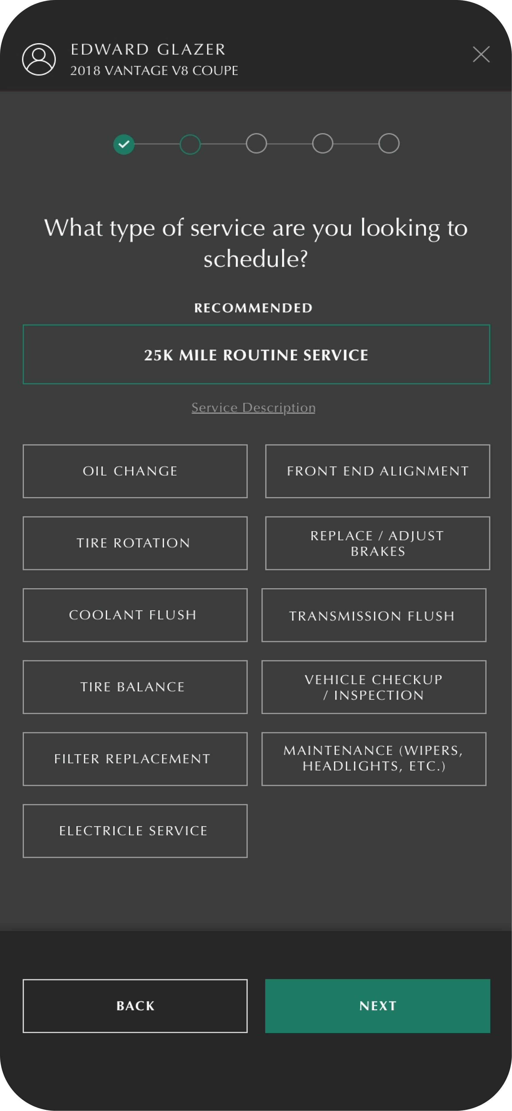 Service tool with types of service and a recommended section
