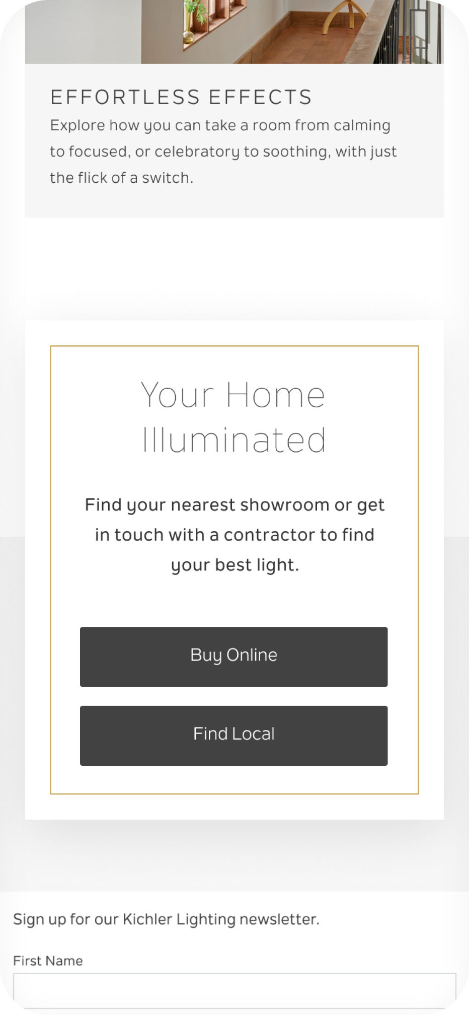 homepage buttons for buying products online or in-person and a newsletter signup