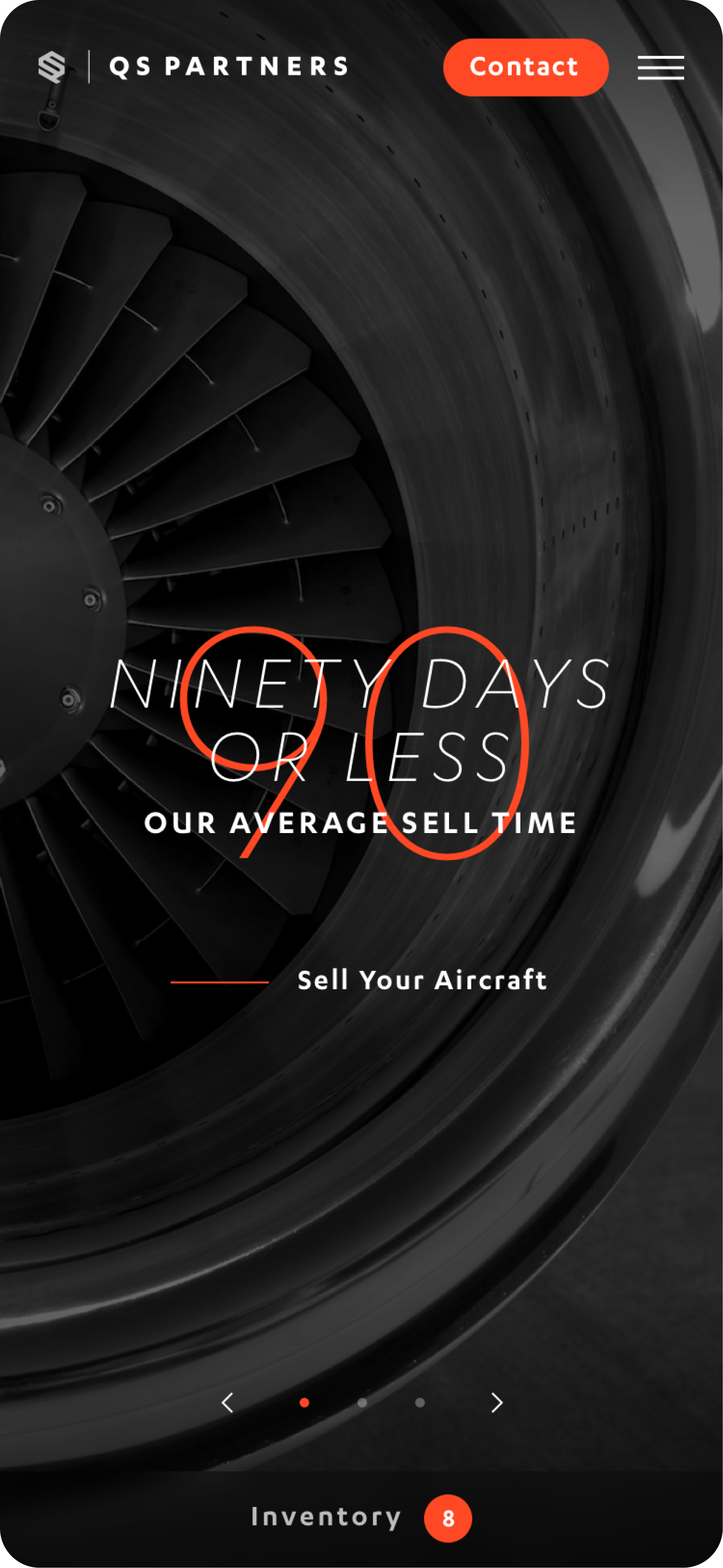 QS Partners Homepage which reads "90 Days or Less Our Average Sale Time" with "Sell Your Aircraft" and "Our Inventory" CTAs