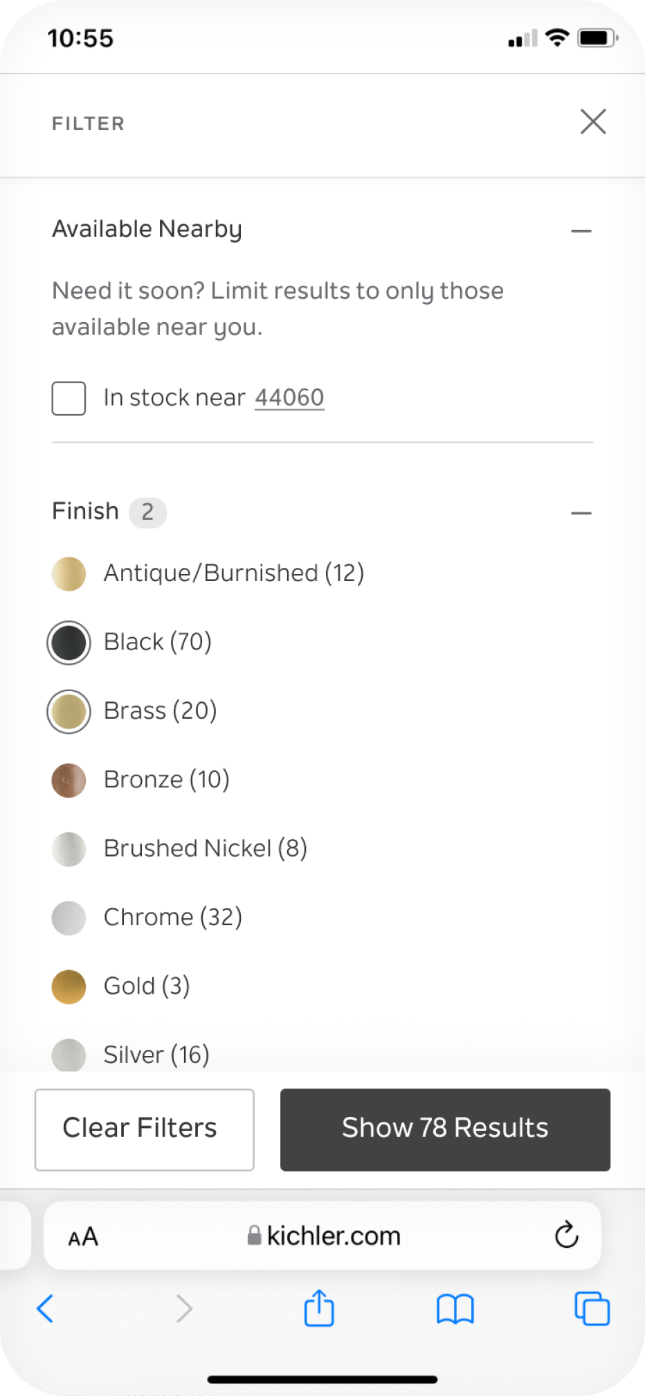 product filters with the "Finish" options exposed
