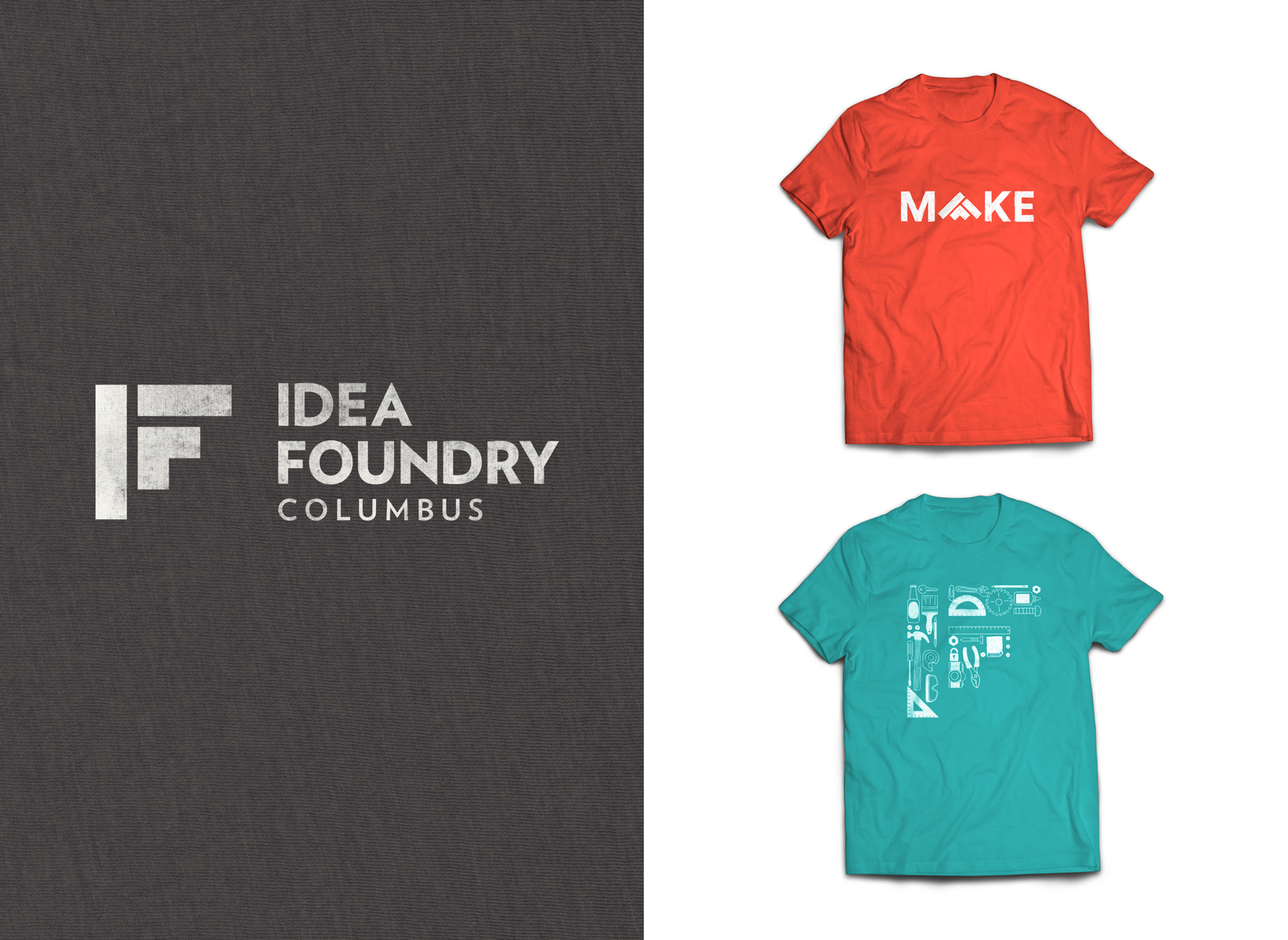 Idea foundry printed logos printed on a dark gray, red and blue t-shirts