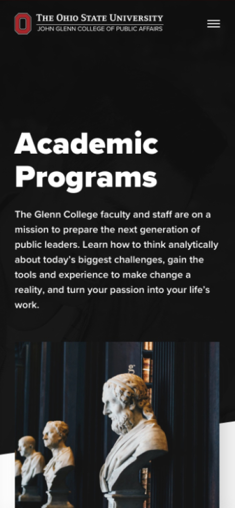 Mobile view of the "Academic Programs" page hero