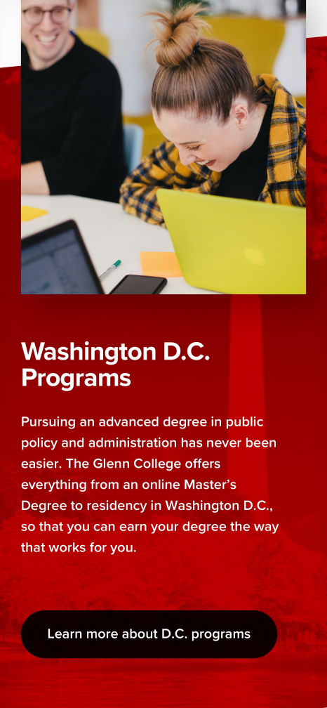 Mobile view of the "Washing DC Programs" section with a CTA to learn more 