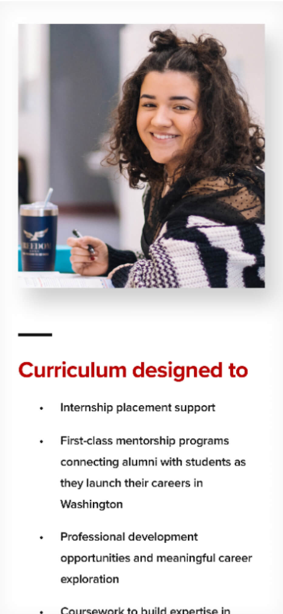 Mobile view of a section featuring an image of a smiling student with bullet points on what the curriculum is design to do