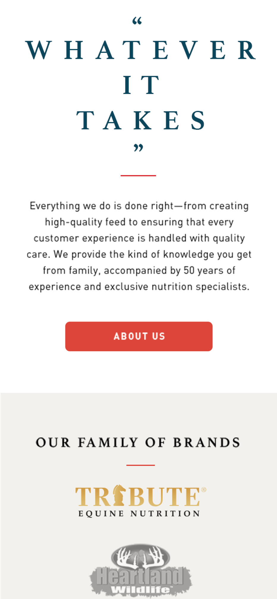 Kalmbach website on mobile showing an About CTA with the whole "Whatever It Takes"