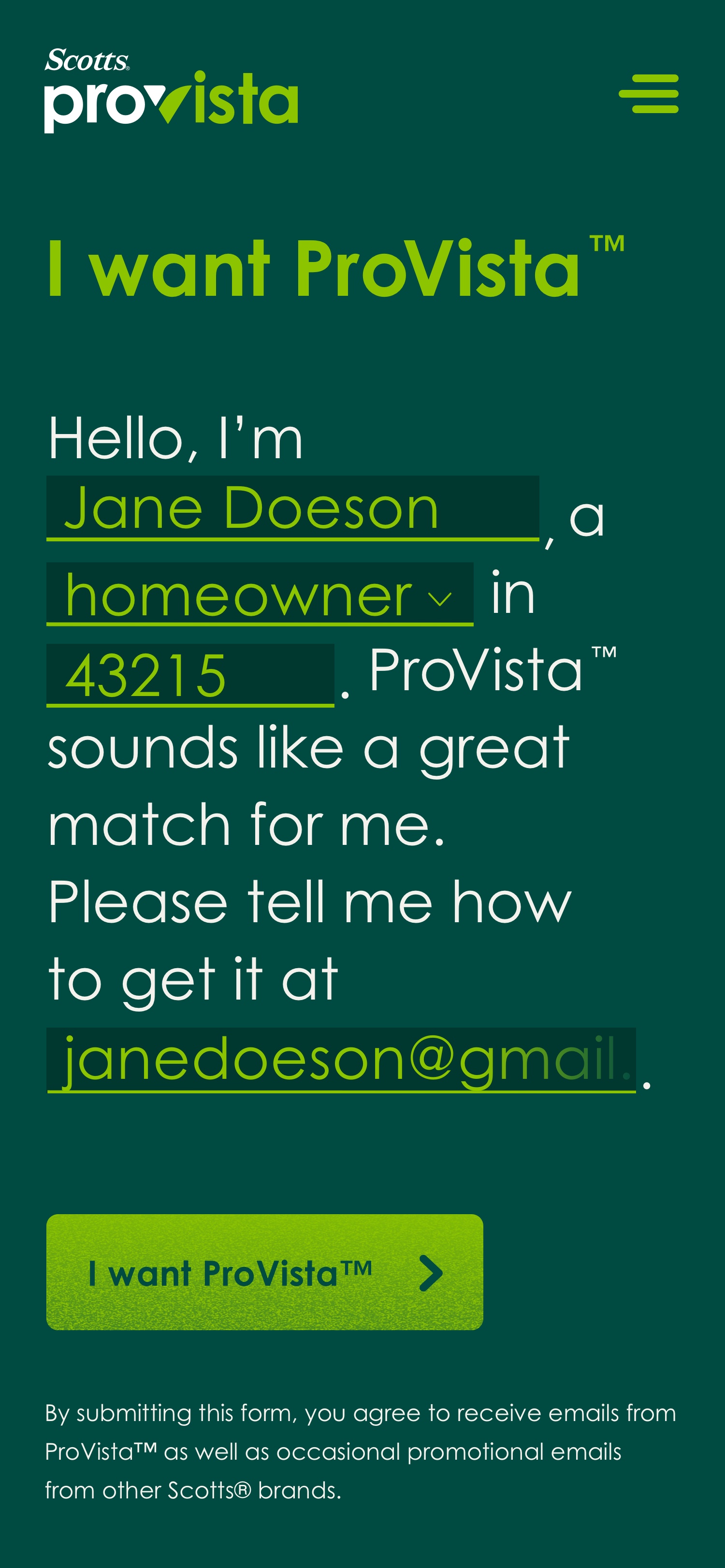 Scotts ProVista contact form