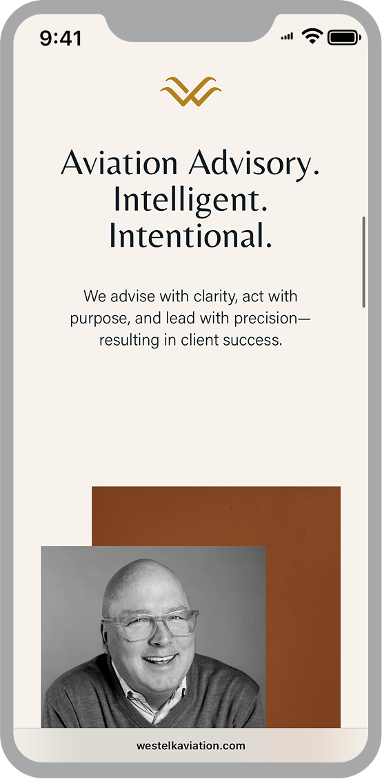 Mobile view of the West Elk Aviation website featuring a photo of their cofounder with the title "Your aviation journey deserves expert navigation."