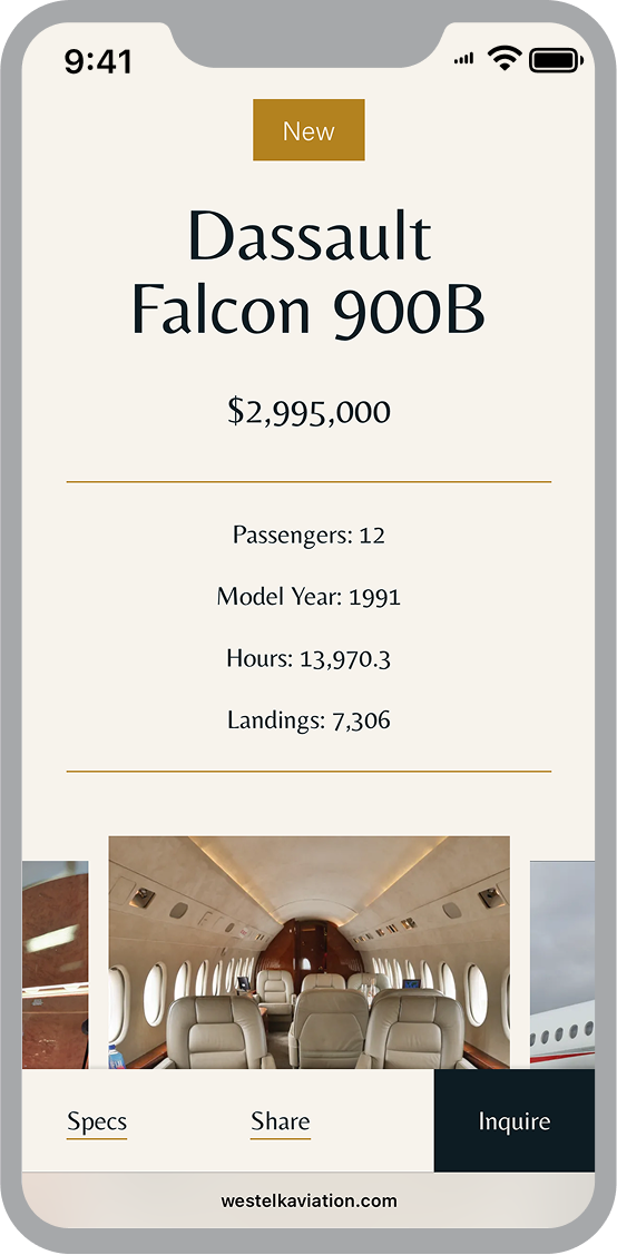 Mobile view of the West Elk Aviation website featuring a listing for a Dassault Falcon 900B for $2,695,000