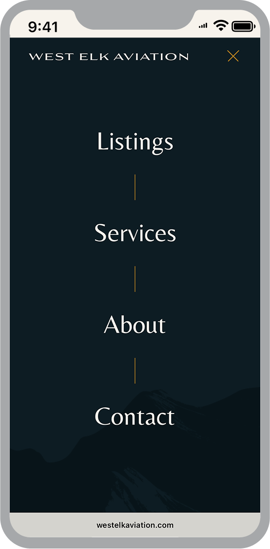 Mobile view of the West Elk Aviation website's navigation featuring links for Services, Listings, About and Contact