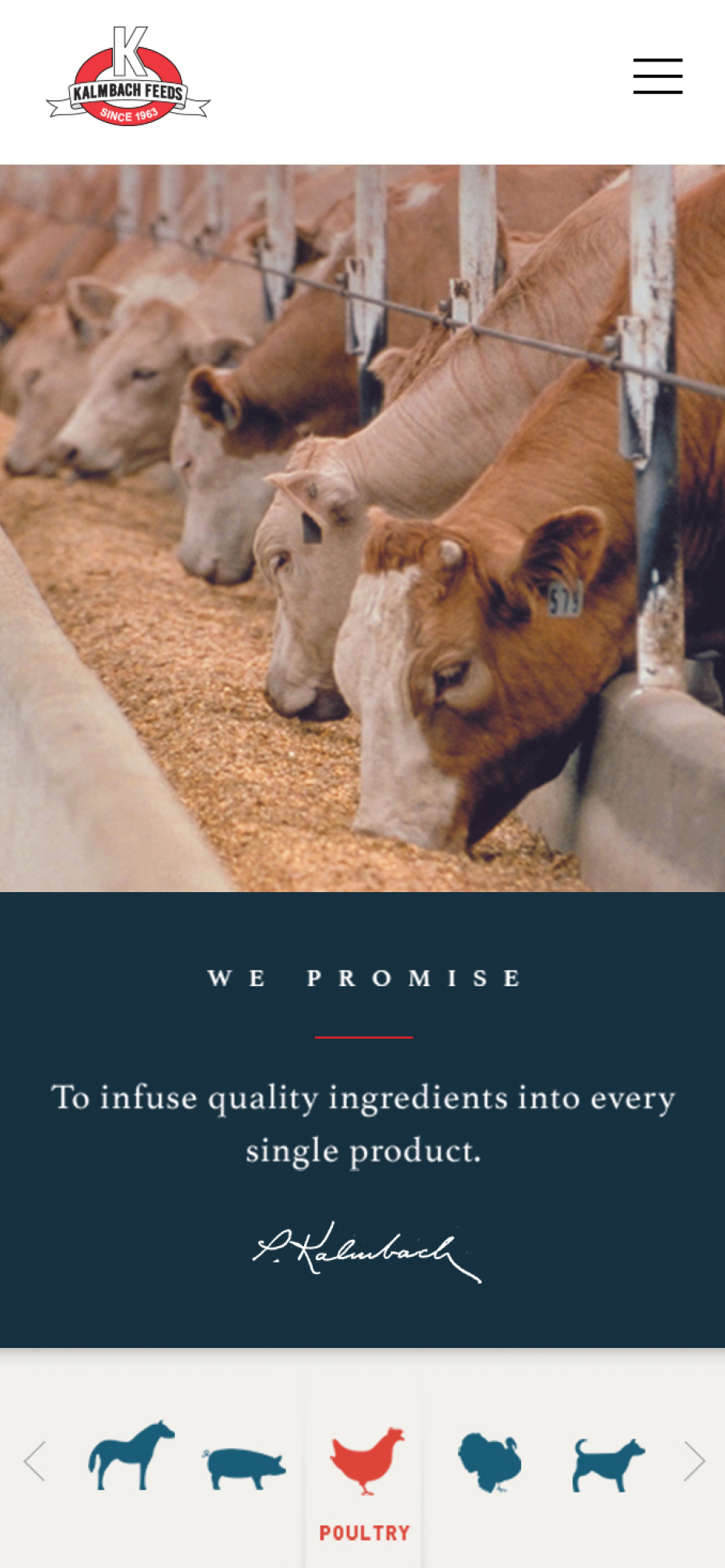 Kalmbach website on mobile showing an image of cows along with the company promise