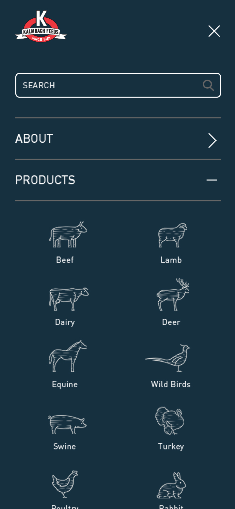 Mobile view of the nav open showing options of different products Kalmbach offers using icons of animals