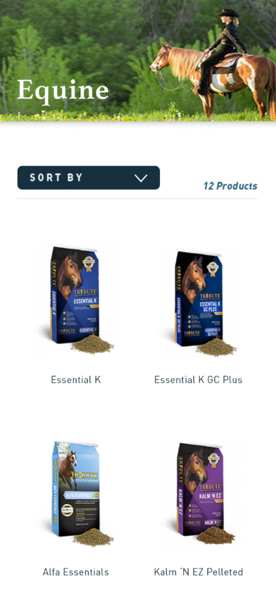 Kalmbach website on mobile showing the product page listing various equine feed