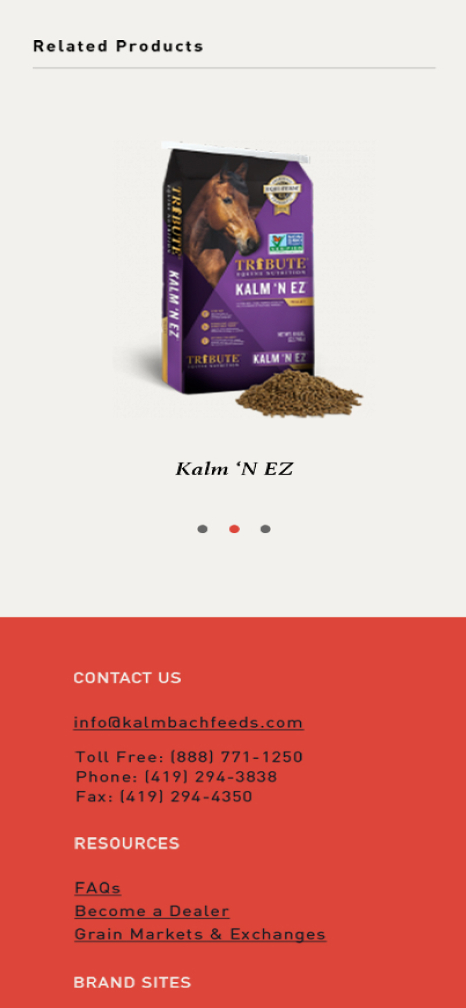 Kalmbach website on mobile showing the related product "Kalm 'N EZ" and contact information