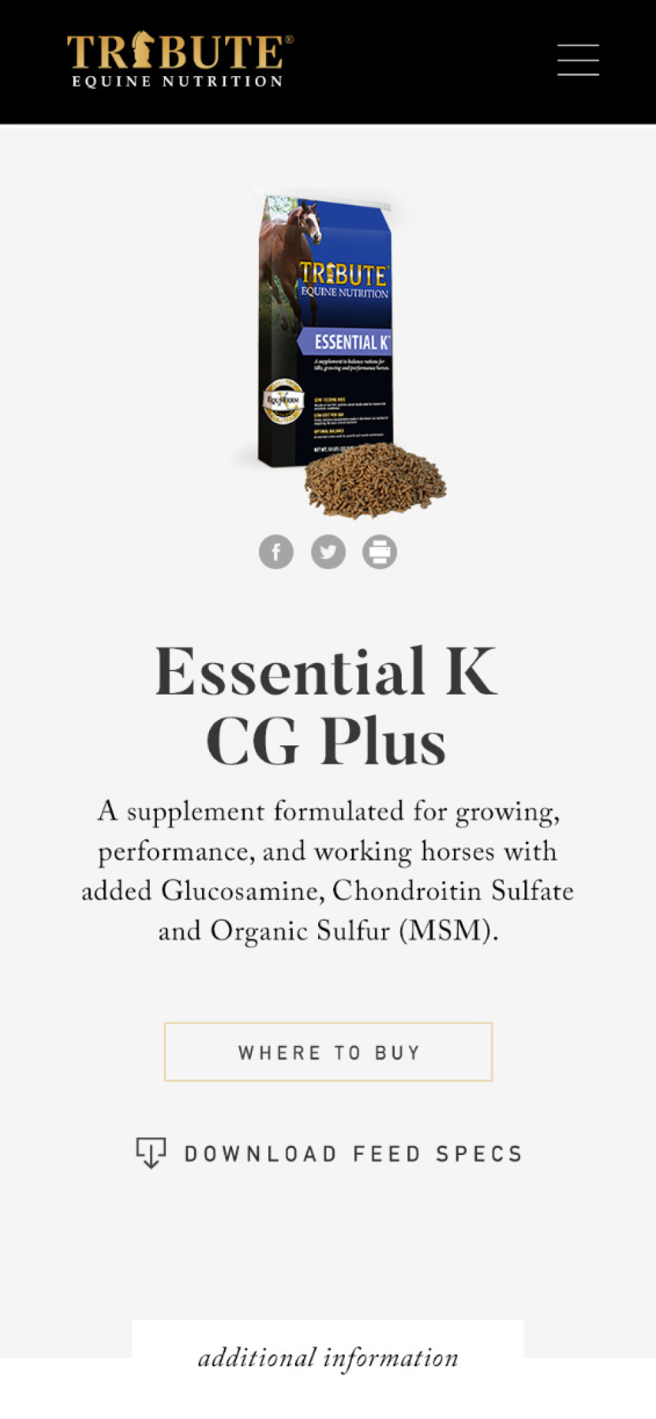 Mobile view of Tribute showing a product detail page for Essential K CG Plus feed