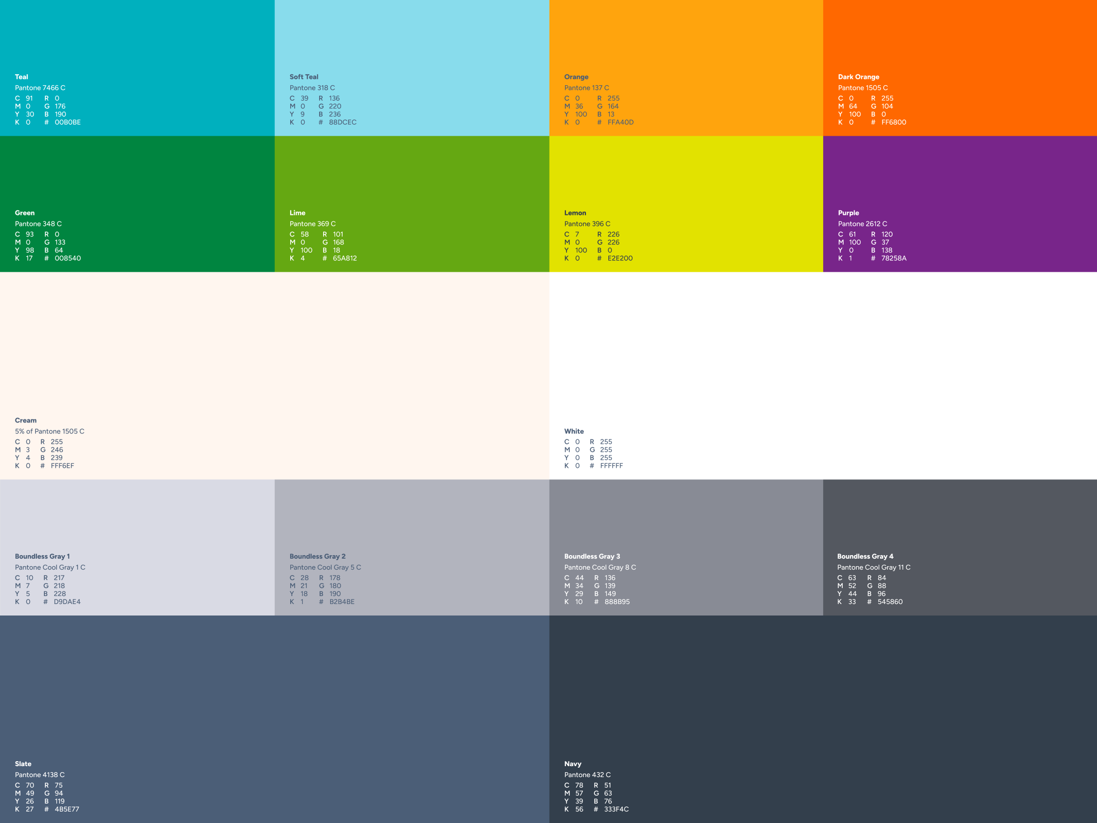 Boundless Brand color palette with Pantone, CMYK, RGB color breakdowns.
