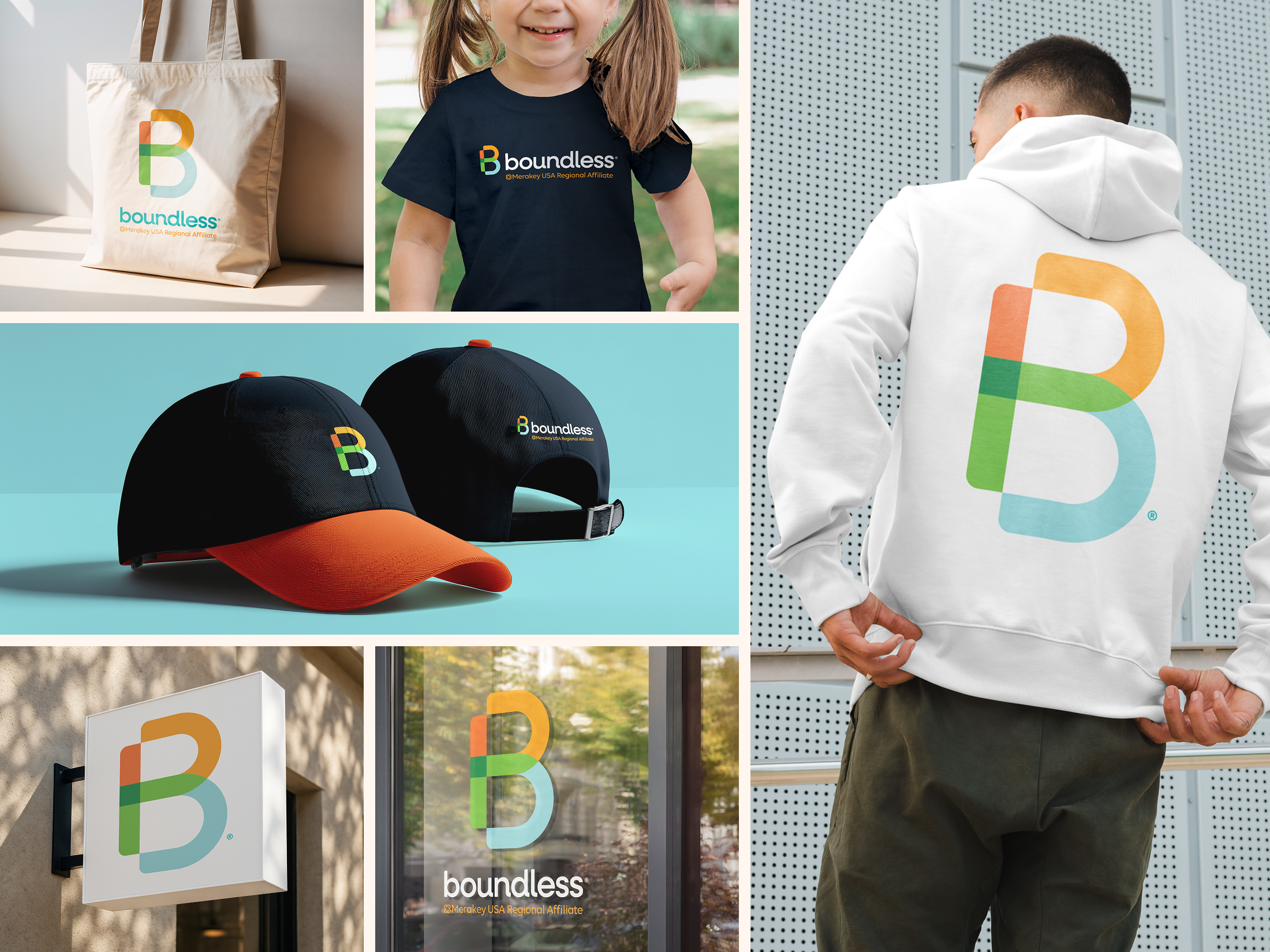 Boundless brand usage examples, including tote bag, shirt, hoodie, hat, and signage.