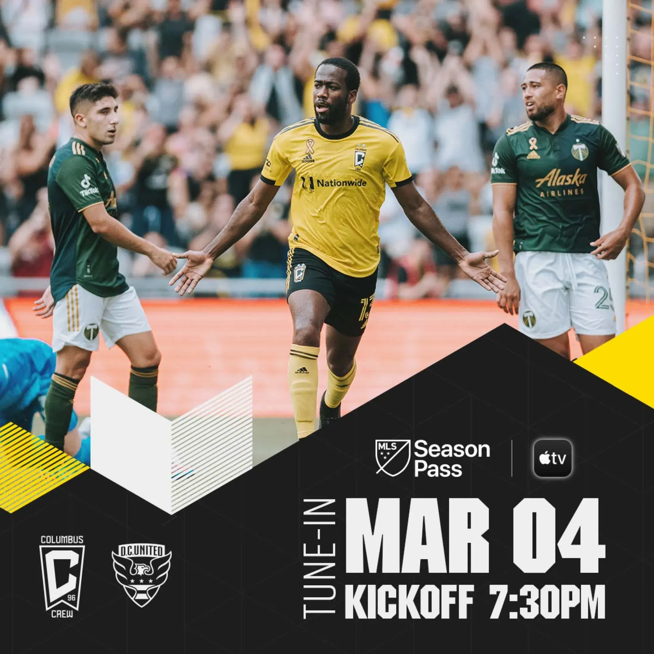 Tune-in graphic showing Crew player with arms wide in the middle of two Portland players