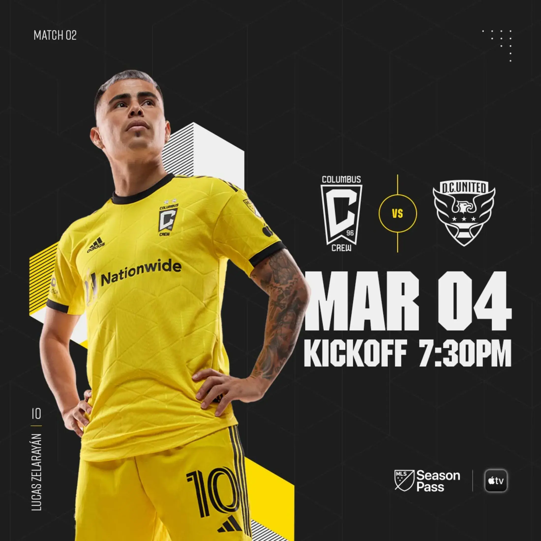 Kickoff graphic featuring Crew player with hands on hips looking up to the left