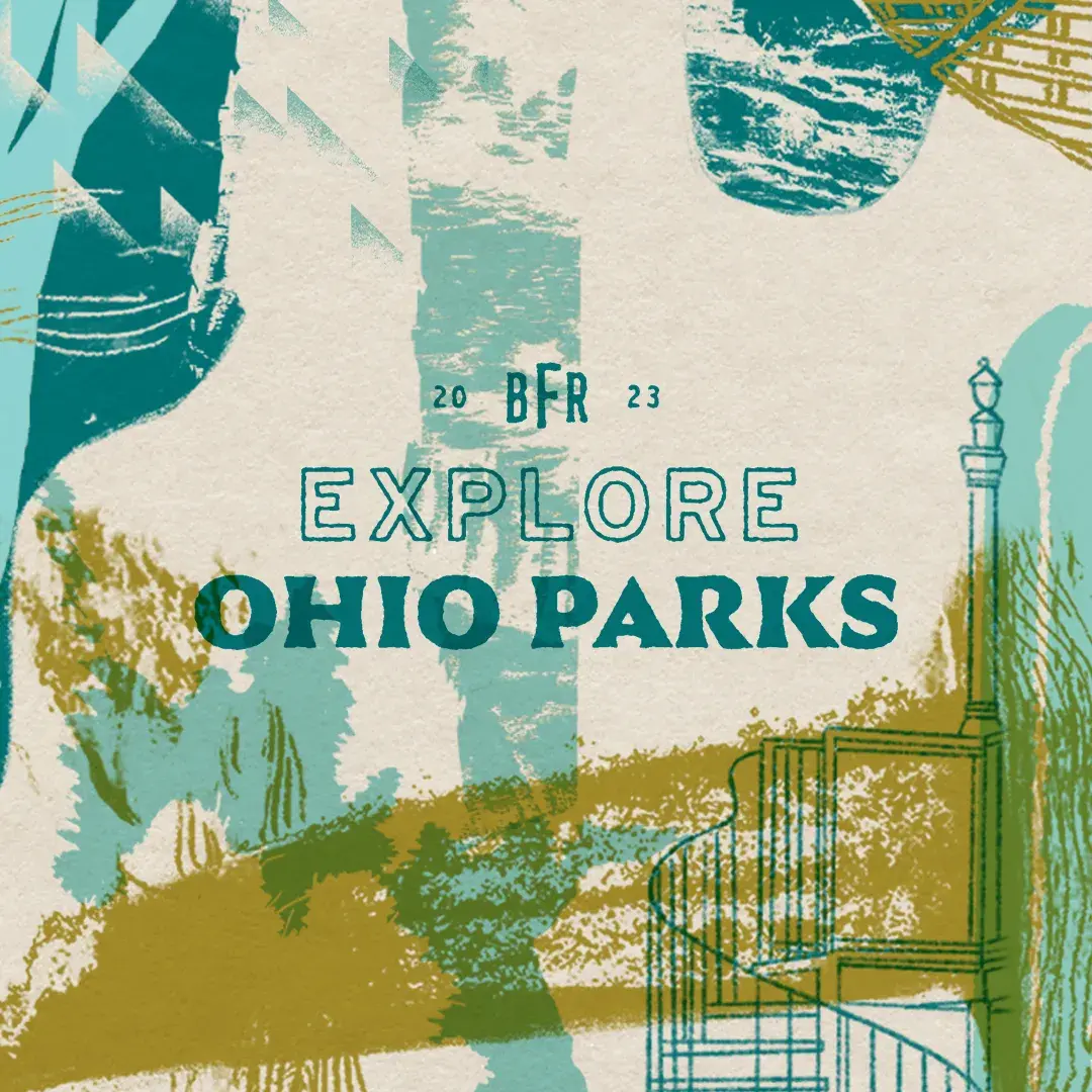 Explore Ohio Parks teaser graphic featuring aspects of different postcards in olive and teal 