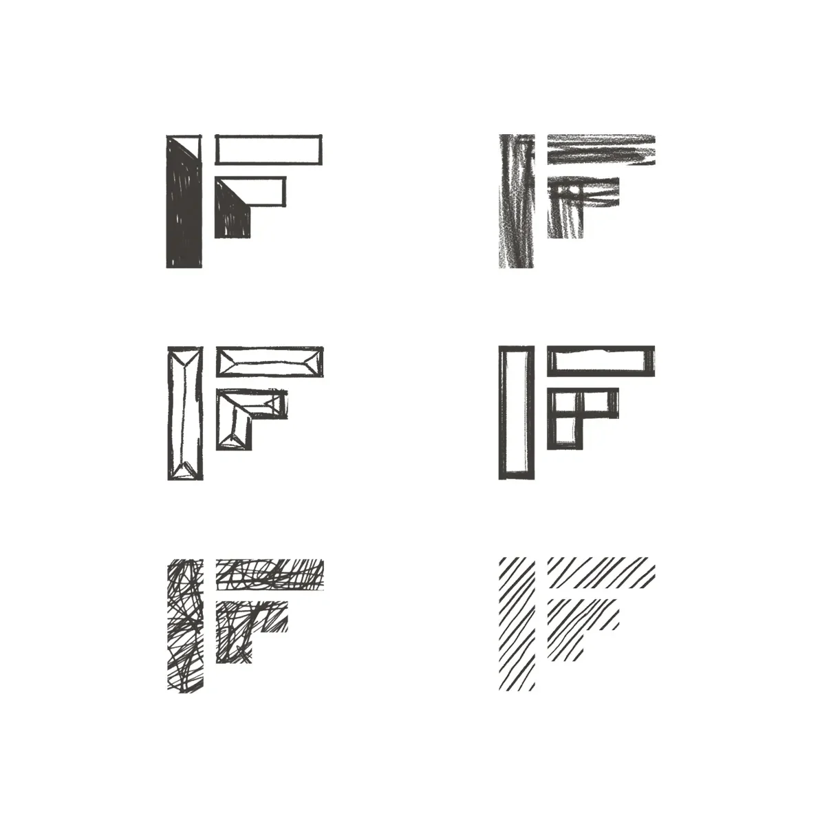 6 iterations of the idea foundry logo hand drawn with different shapes and textures