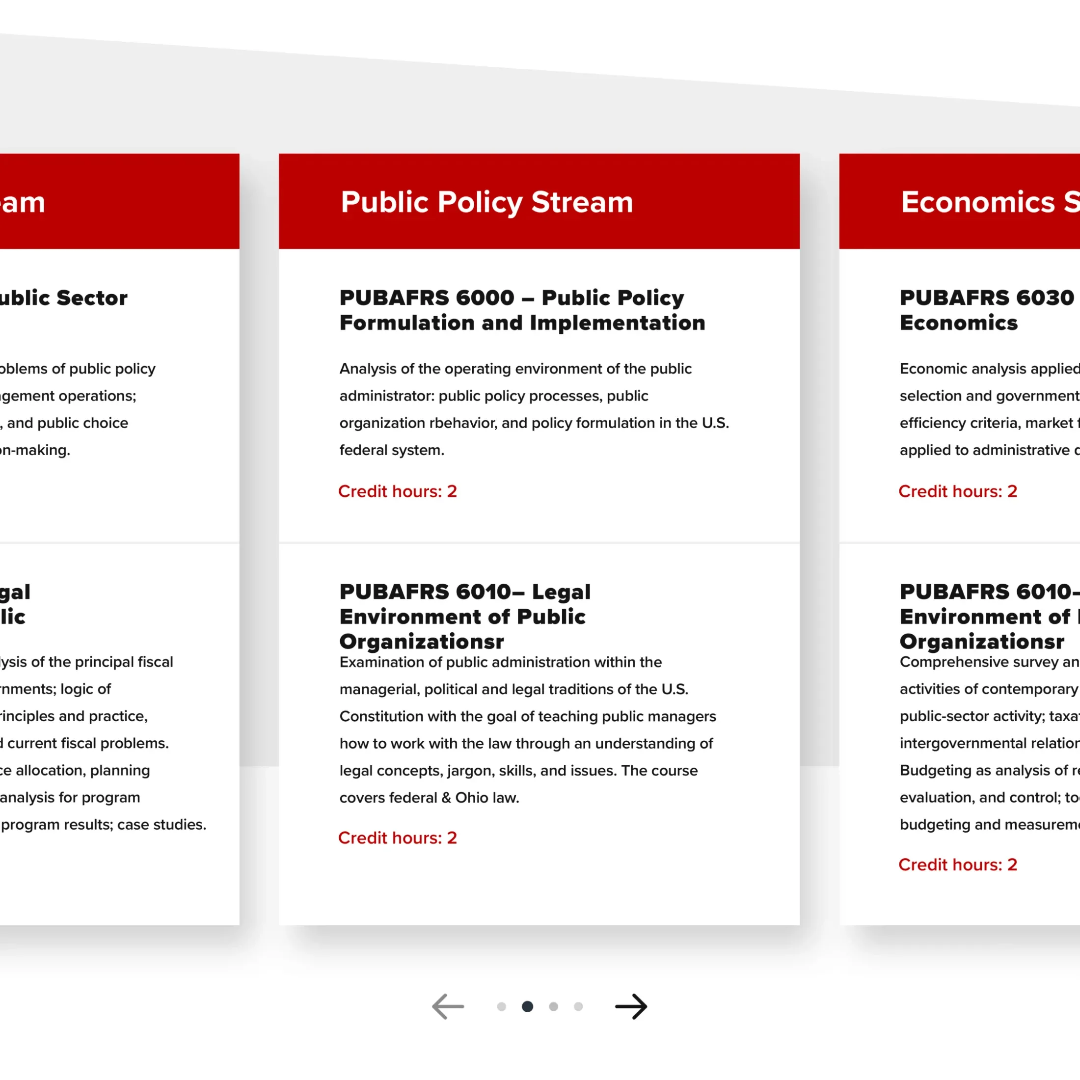 Series of cards each containing a course information based on a selected stream, the Public Policy steam is highlighted