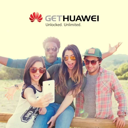 a group of young adults in a field taking a selfie with the Huawei logo and tagline above their heads