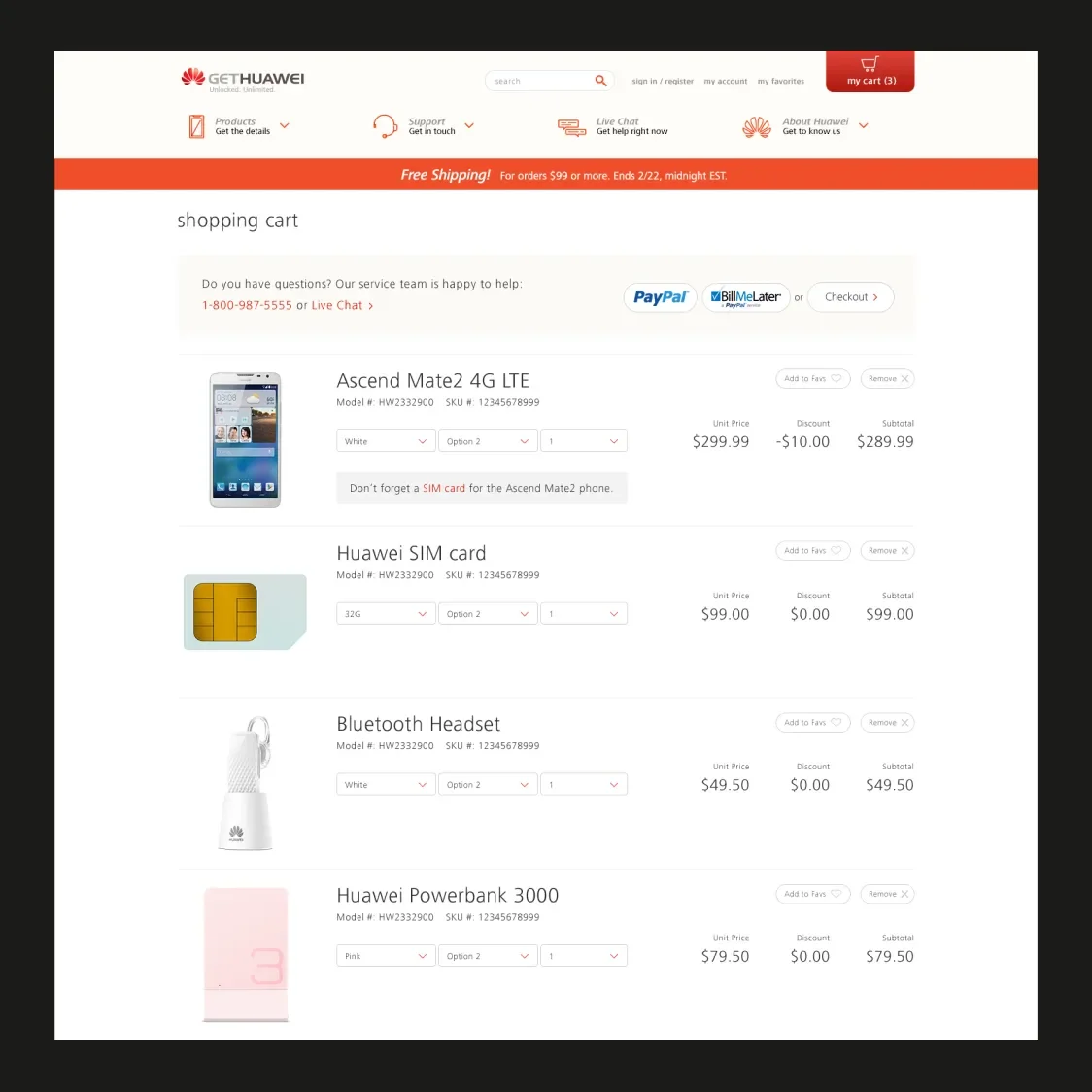 Sample checkout screen with various Huawei products in the cart