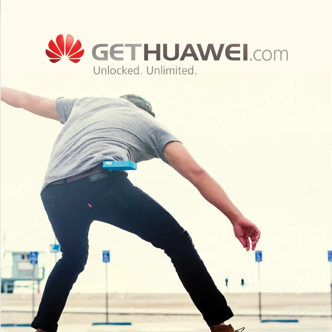 Ad with the Huawei logo and tagline featuring a man with a speaker clipped to his belt