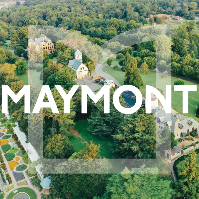 Maymont logo overtop an aerial view of the park