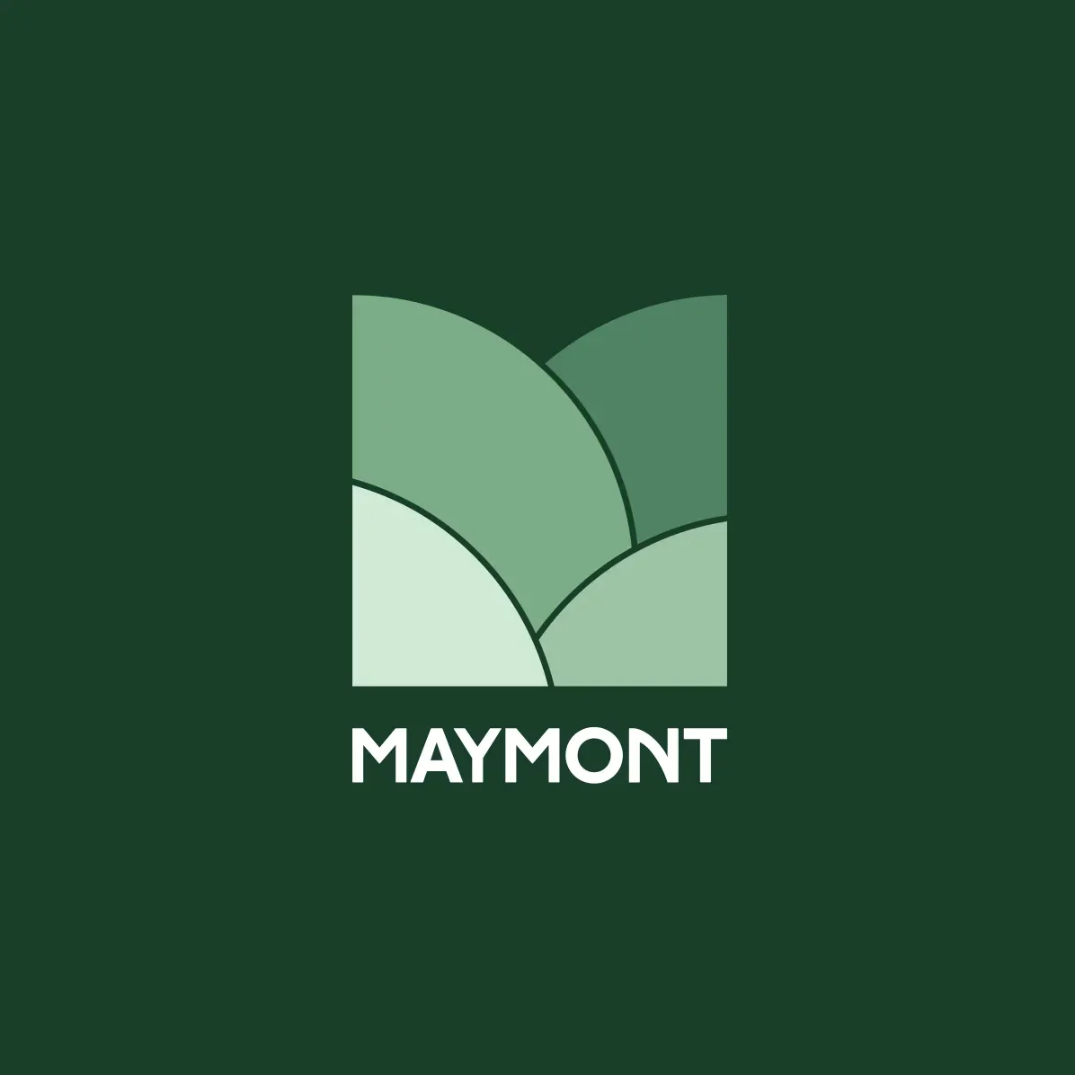 Maymont stacked logo in shades of mid tone green over a dark forest green