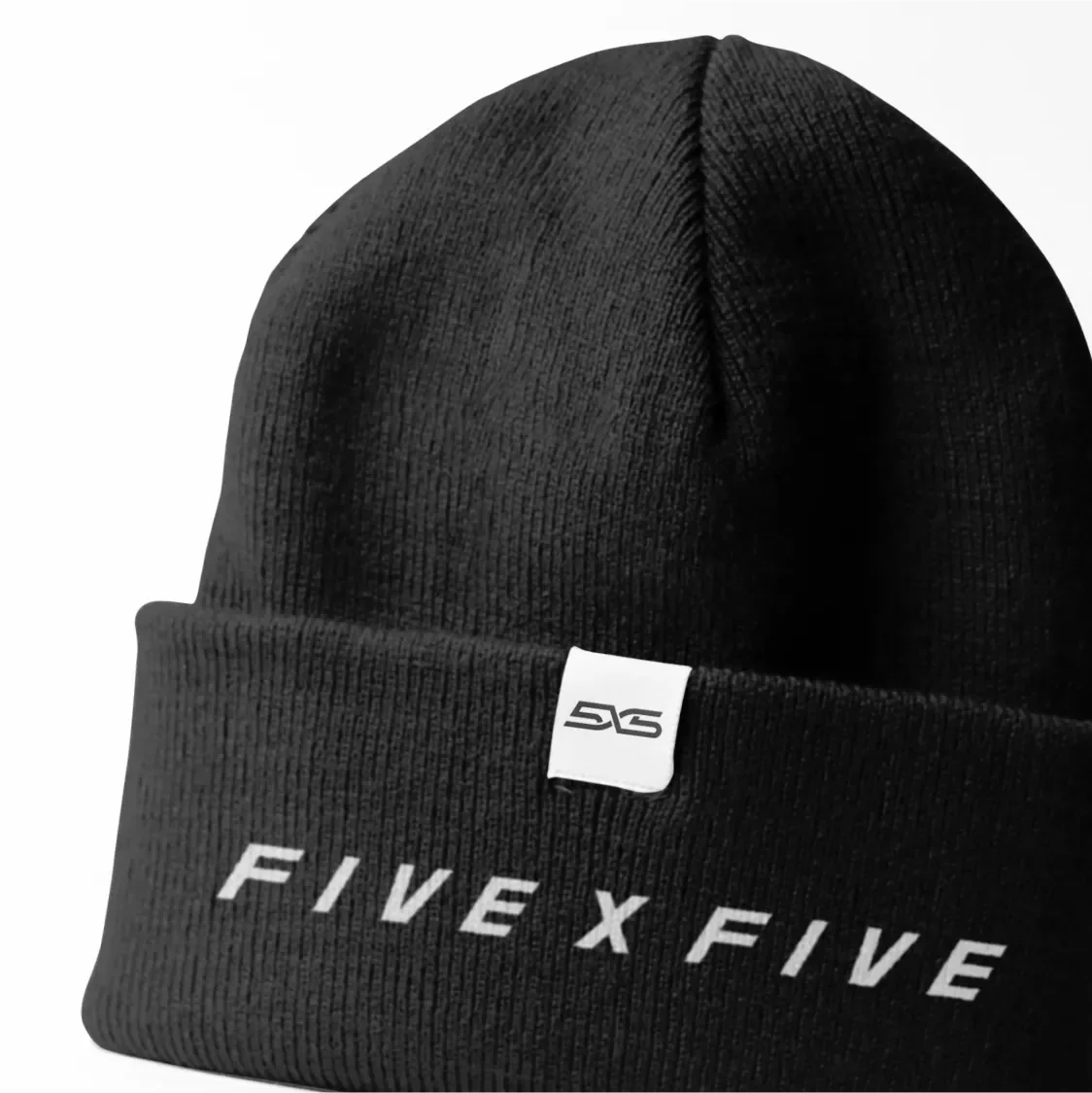 Alternative 5x5 logo, spelling out "five x five", mocked up on a beanie