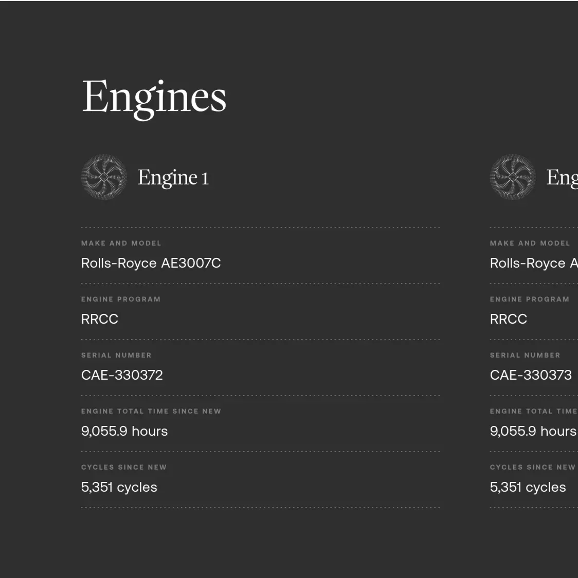 Portion of the inventory list on 5x5's website highlighting the engines