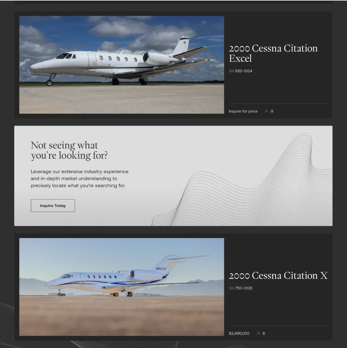 Inventory list on the 5x5 website featuring the 2000 Cessna Citation, X and Excel