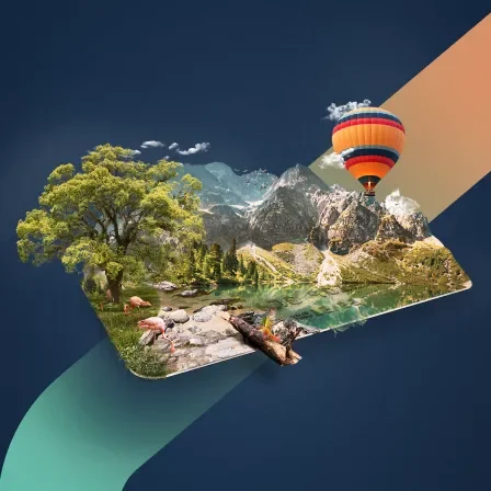 3D representation of a First Federal card serving as the base of an outdoor spaces with trees, mountains, streams, animals and a hot air balooon