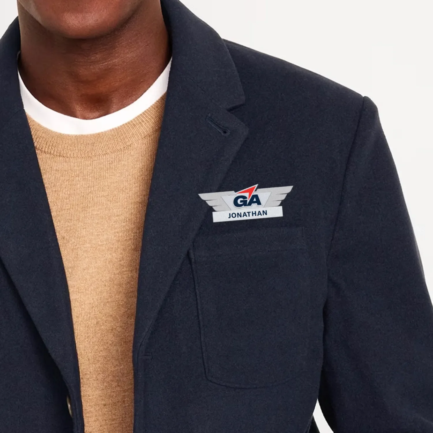 Mockup of a gridiron air attendant name tag on a man's lapel