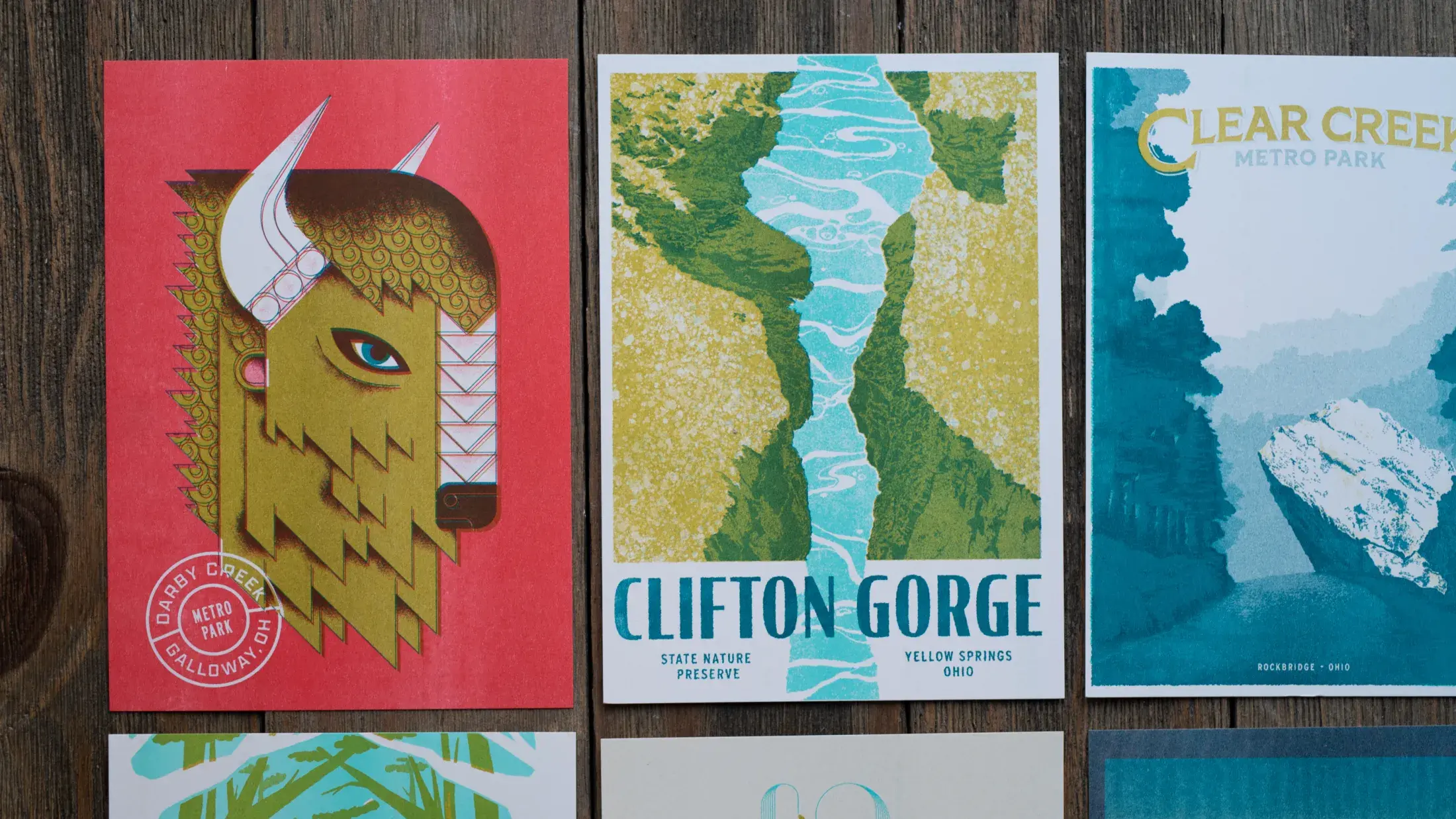Postcards for Darby Creek, Clifton Gorge and Clear Creek in a grid with other cards surrounding