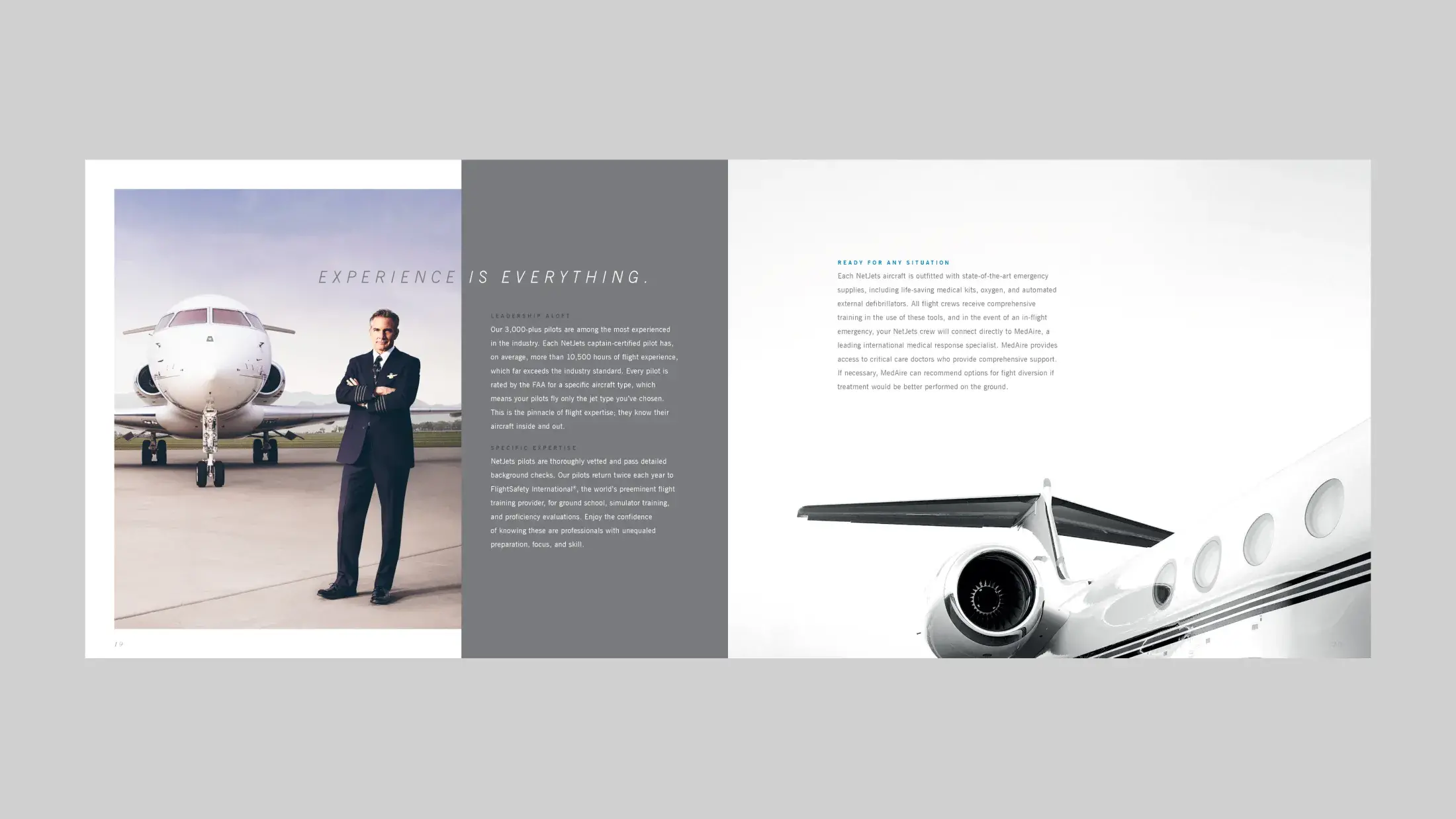 page titled "Experience is Everything" featuring a pilot standing confidently in front of a jet