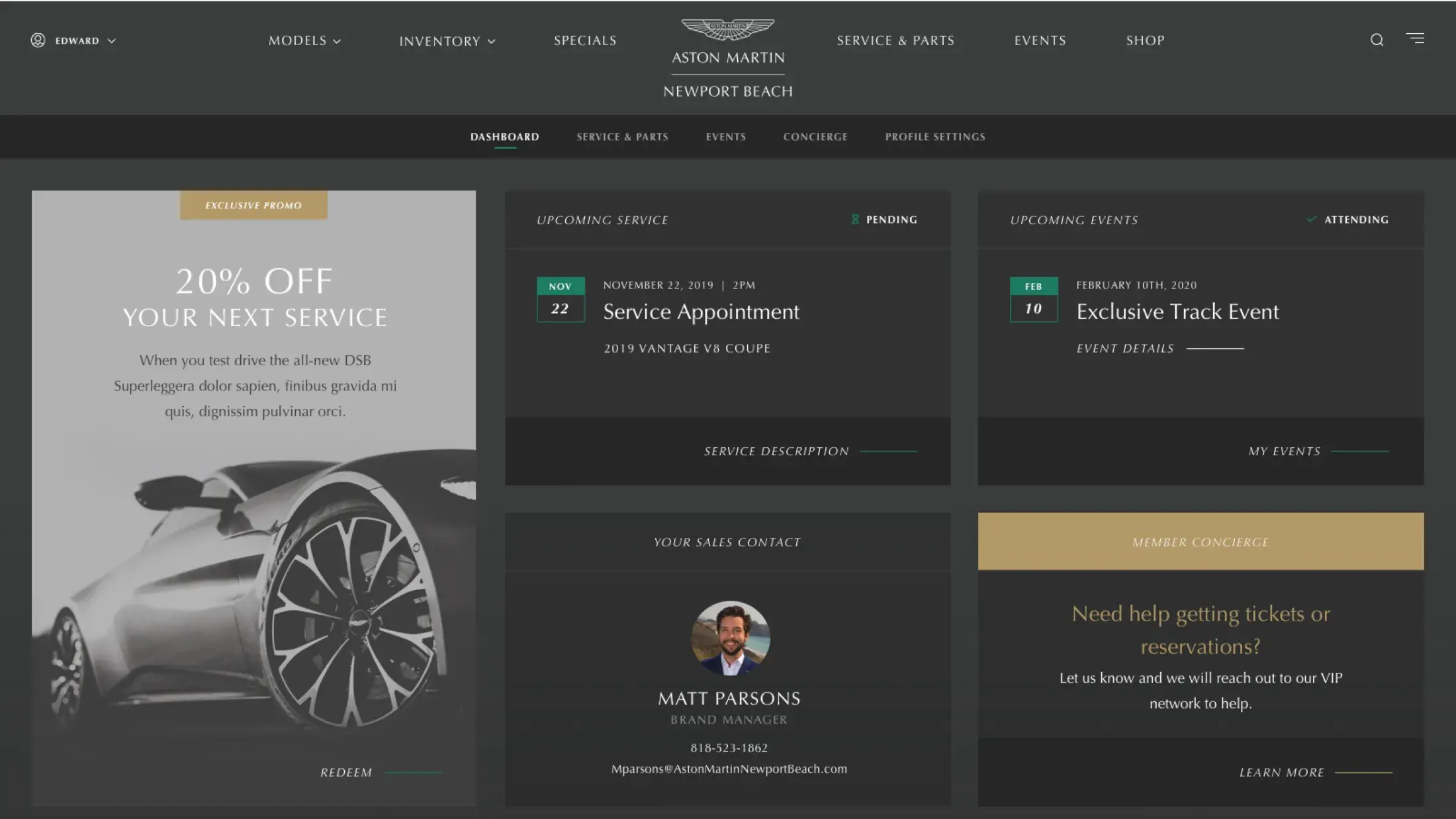 Aston Martin Newport Beach website dashboard featuring an exclusive promo, upcoming service, upcoming events, sales contact and member concierge
