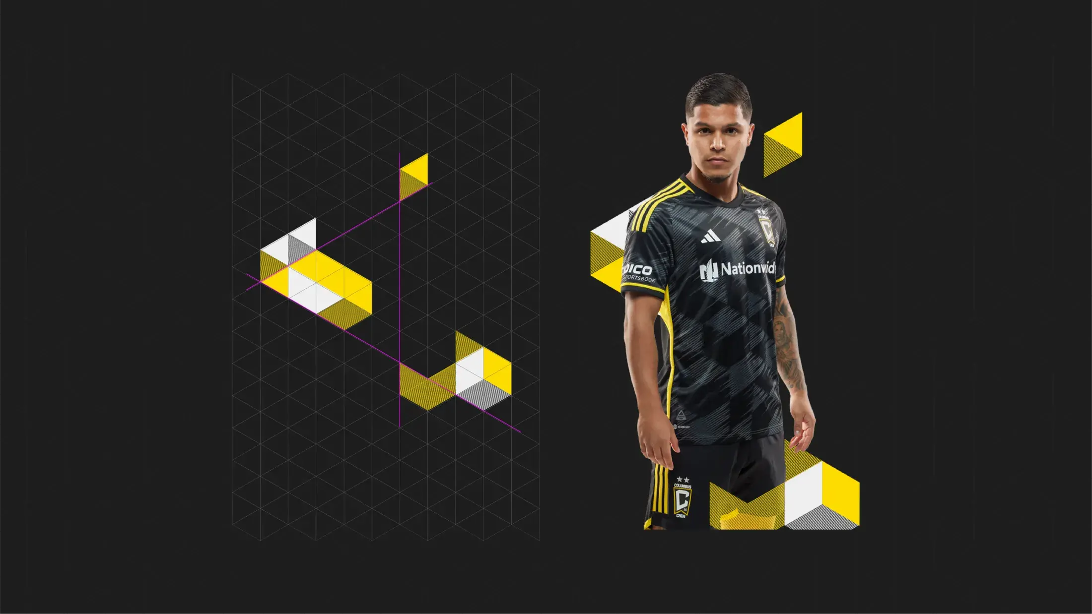 Crew player against a black background with branded shapes surrounding