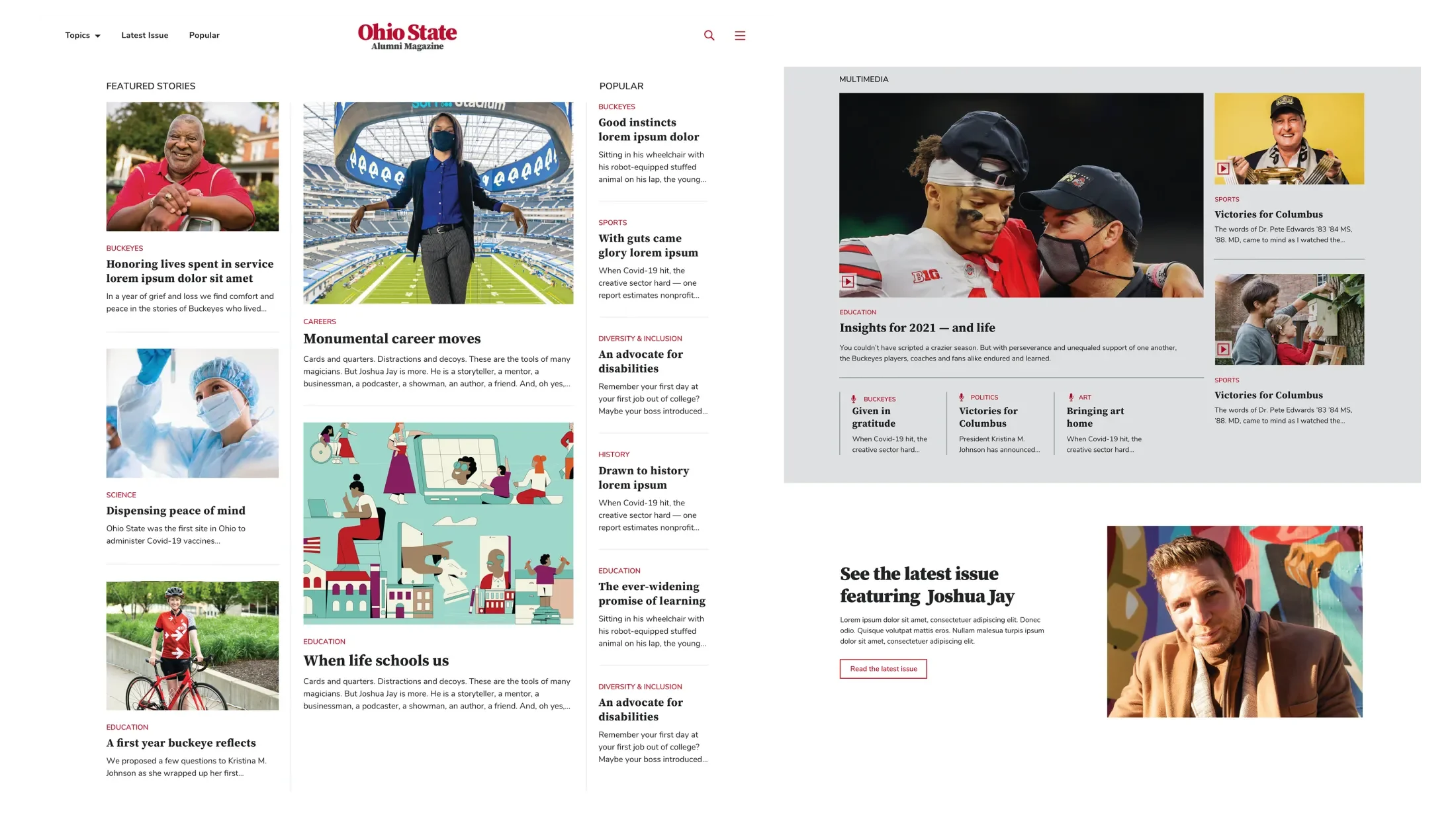 screens showing the homepage of the digital versions of the osu alumni magazine 