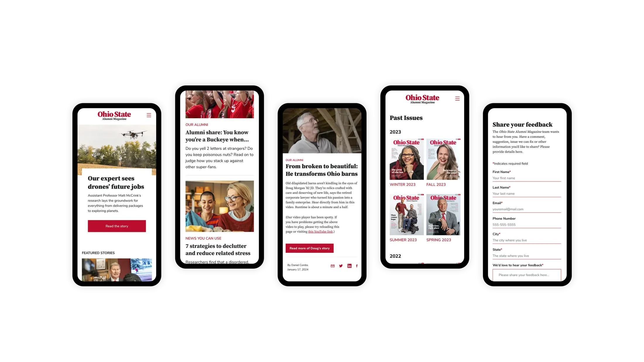 5 views showcasing how the alumni magazine looks on mobile screens