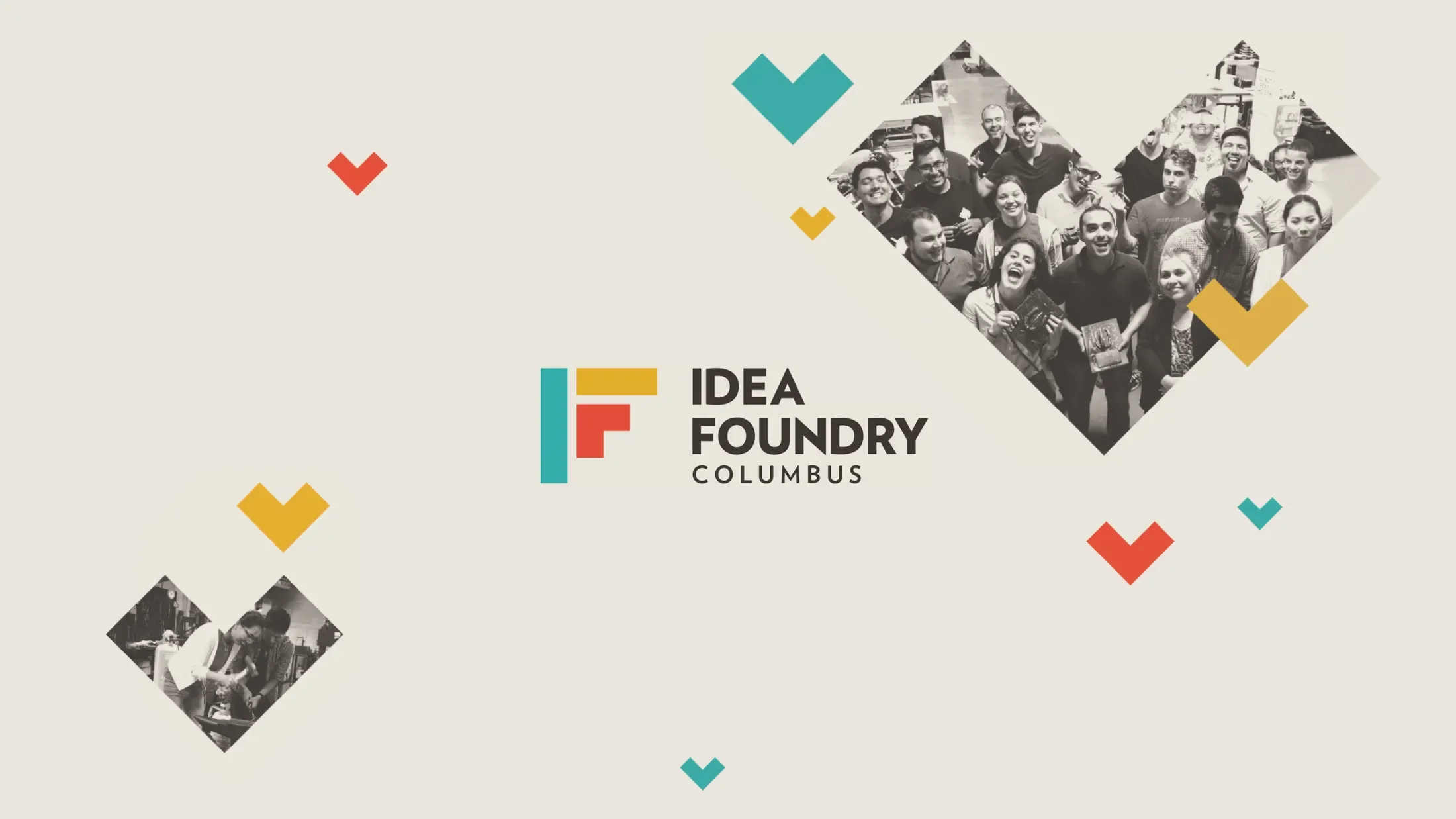 collage of red blue and yellow v graphics surrounding the idea foundry logo