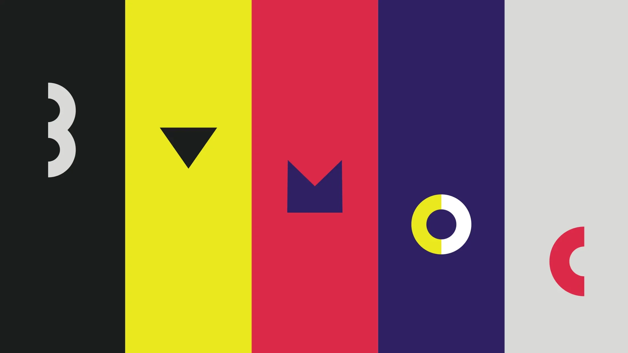 color stripes in yellow pink and purple with the shapes on top spelling out BYMOC