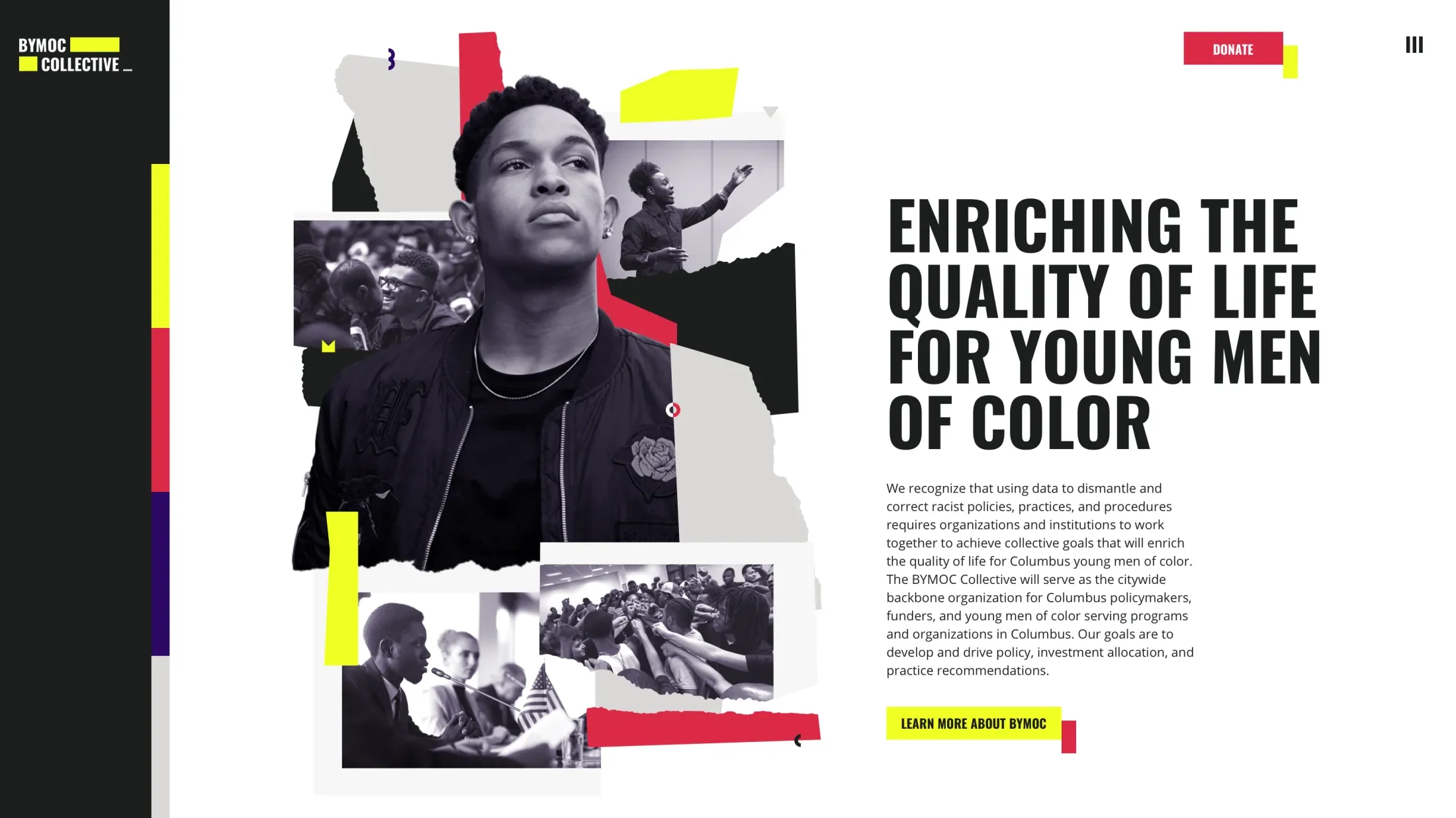 homepage view of BYMOC Collective with the title enriching the quality of life for young men of color