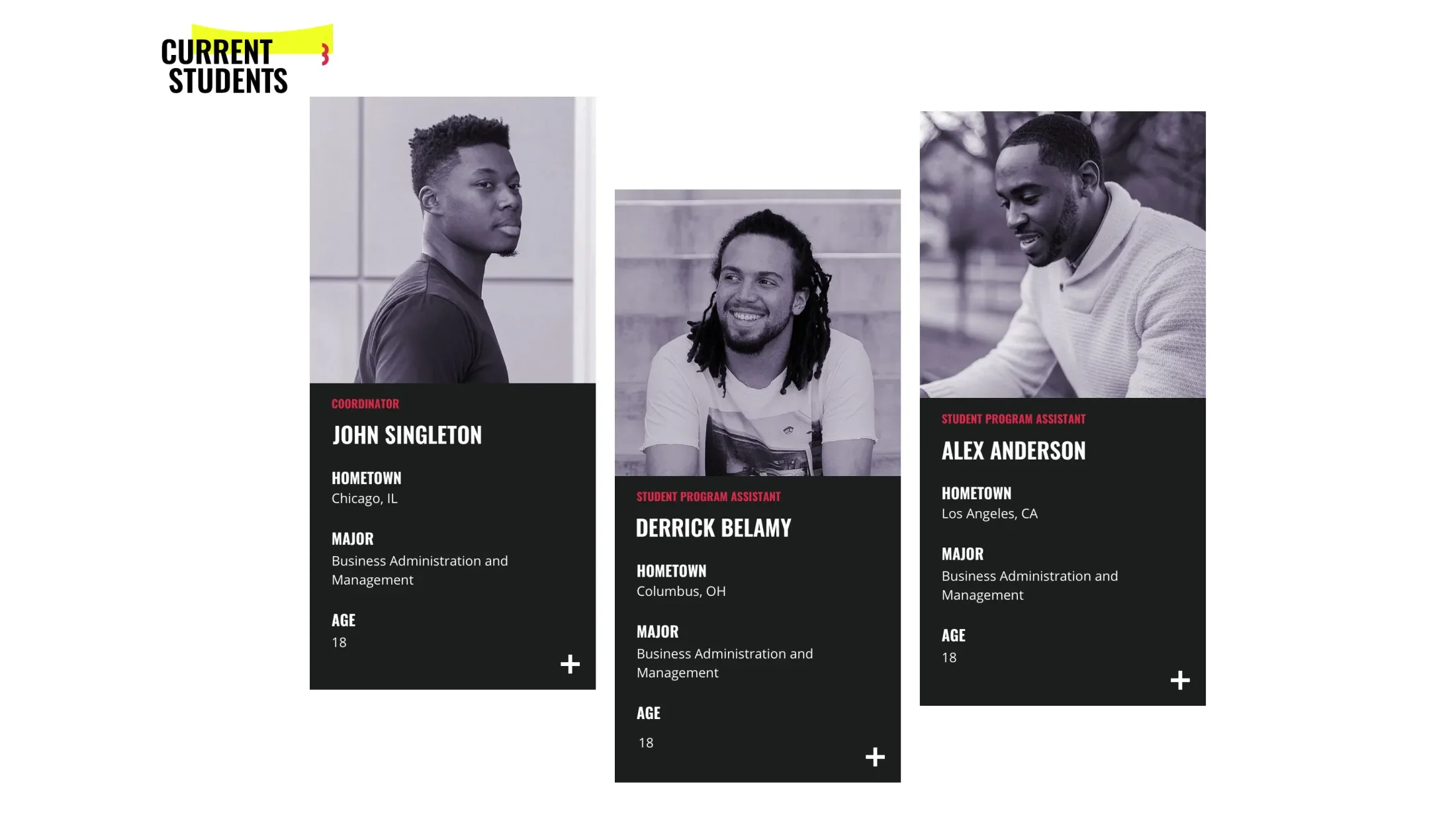 website page for the student volunteers for the program john singleton, derrick belamy and alex anderson